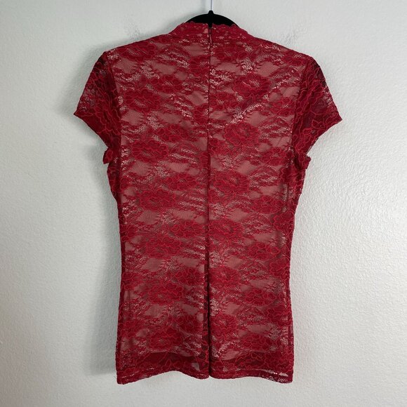Express Womens Small Red Lace Choker Neck Short Sleeve Top Blouse Shirt - Picture 11 of 12